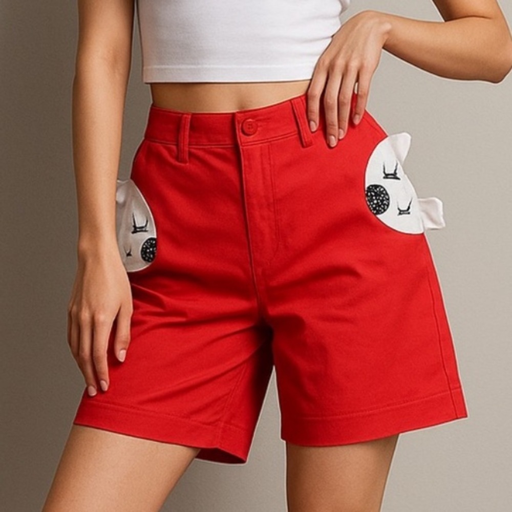 Red High-Waist Korean Streetwear Women’s Cotton Shorts with Side Patch Detail